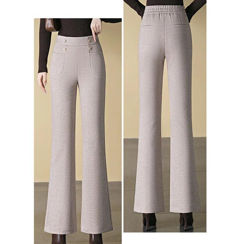 New Winter Women's Slightly Flared Pants,Elastic Waist Herringbone High Waisted Trousers,Beige,Coffee,Gray Available, Asian Size