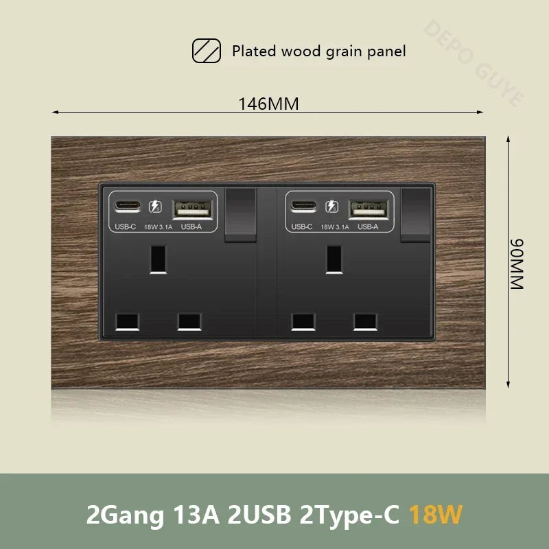 UK 18W Type-C Quick charge Dual Power Outlet,Universal Retro Wood Grain Electrical USB Socket,220V Electrical  Wall Light Switch