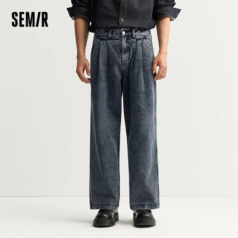 Semir Men Jeans Retro Pleated Loose Wide Leg Cotton Straight Denim Casual Autumn Pants Essential Daily Wear 2026