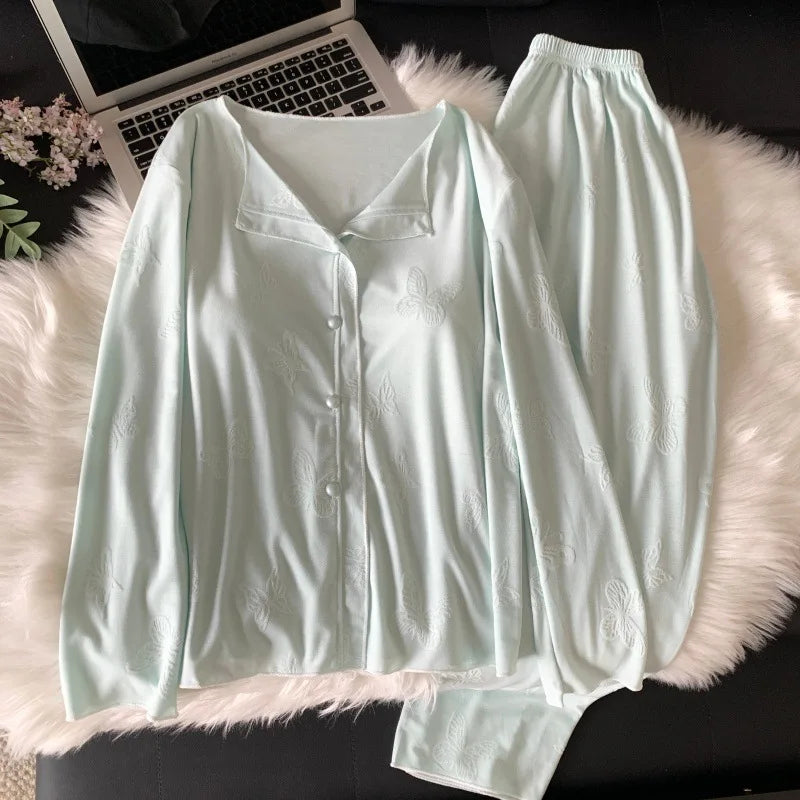 Women's Pajamas Set 2 Piece Chest Pads Sleepwear Casual Loungewear for Spring Autumn Long Sleeve Soft Home Wear Pyjama Femme