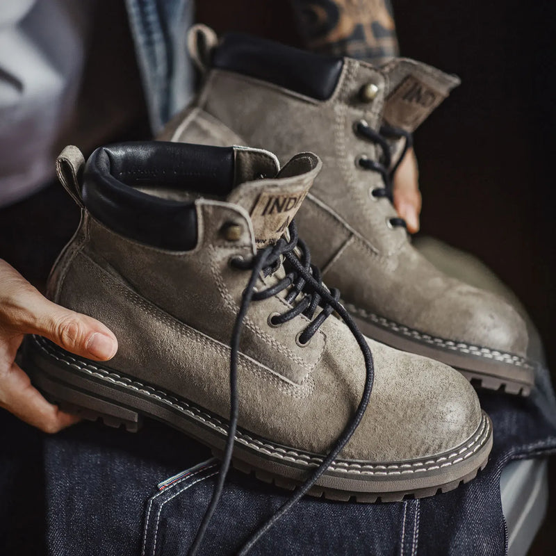 ស្បែកជើងកវែង Maden Full Grain Pigskin High Top Work Boots Casual Lace-Up Desert Boots Retro Genuine Leather Ankle Boots for Men Fall Winter