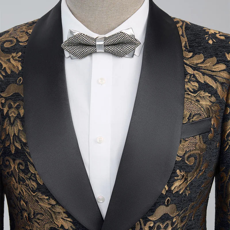 Luxurious Black Two-piece Men's Suit Set Featuring A Gold Jacquard Jacket and Trousers, Perfect for Weddings and Parties.