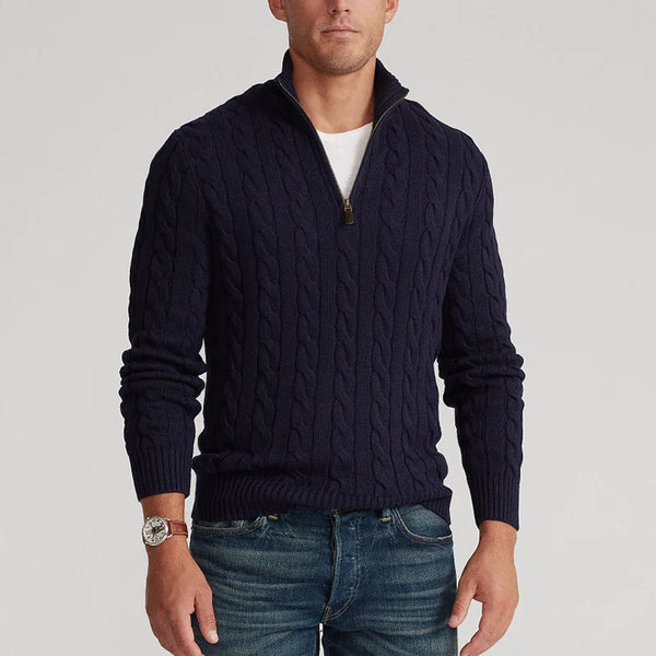Men's Cable Knit Half Zip Sweater Fall Winter Warm High Neck Pullover 100% Cotton Stretch Knitwear