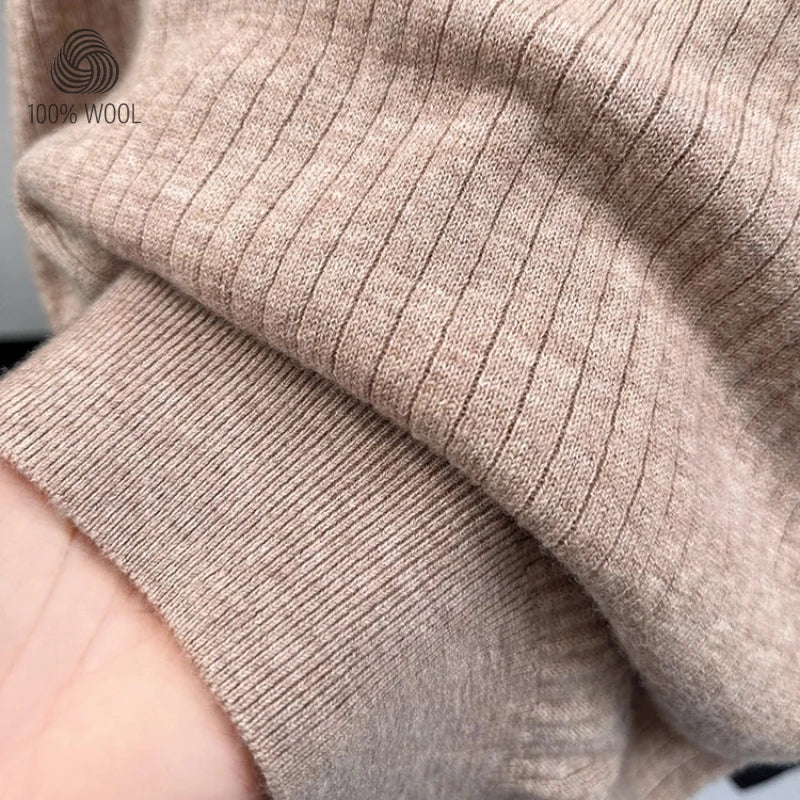 100% Cashmere Wool Sweater, Semi-Zip Placket Ribbed Texture, Soft Non-Irritating, 7 Colors M-4XL Business Casual