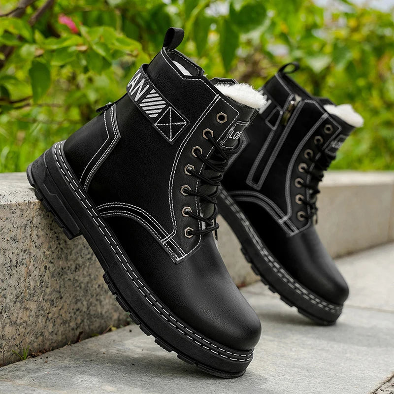 Men's work boots winter warm plush non-slip soft-sole comfort outdoor casual boots fashion Joker plus size high-top cotton boots