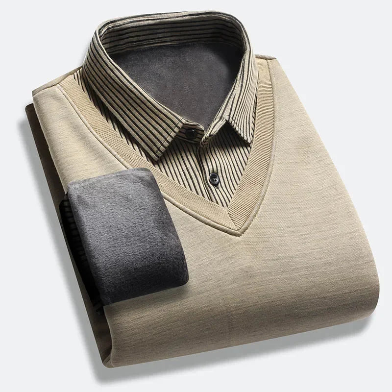 Mens Long Sleeve Collared Pullover Fake Vest Knit Design Full Fleece Lined Vertical Stripe Thermal Cold Weather Business Attire