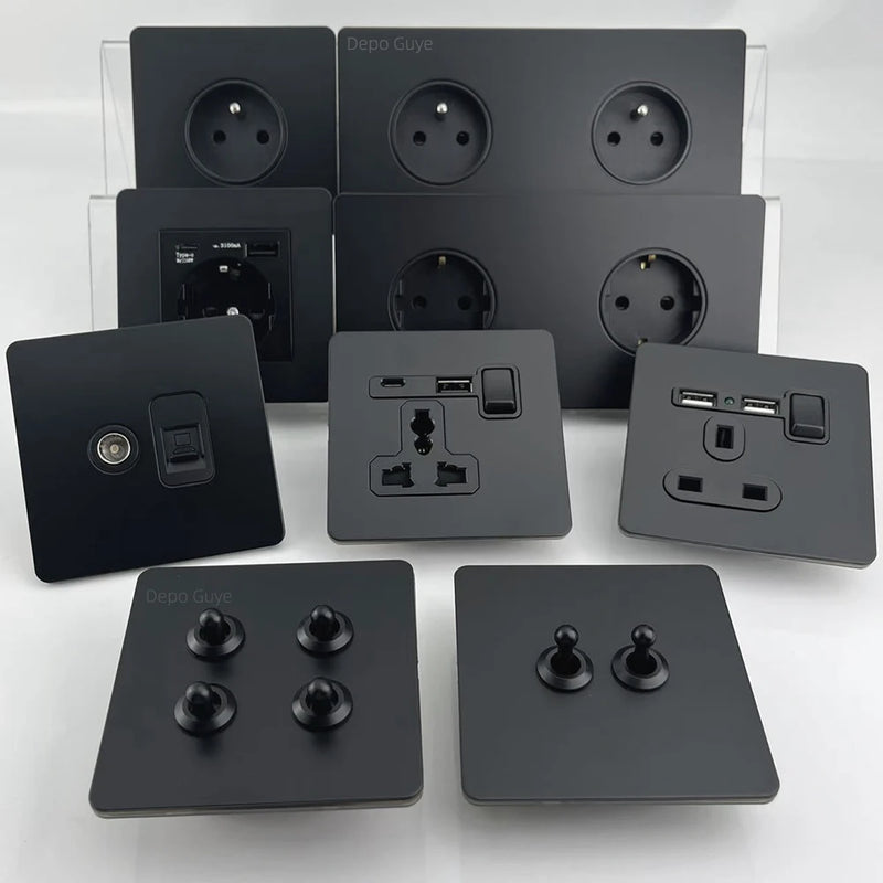 Retro Light Switch Lever Wall Power ON OFF Socket Panel,EU RU FR Black Stainless Steel Dual Usb Outlet  1-4Gang 1/2Way Switch