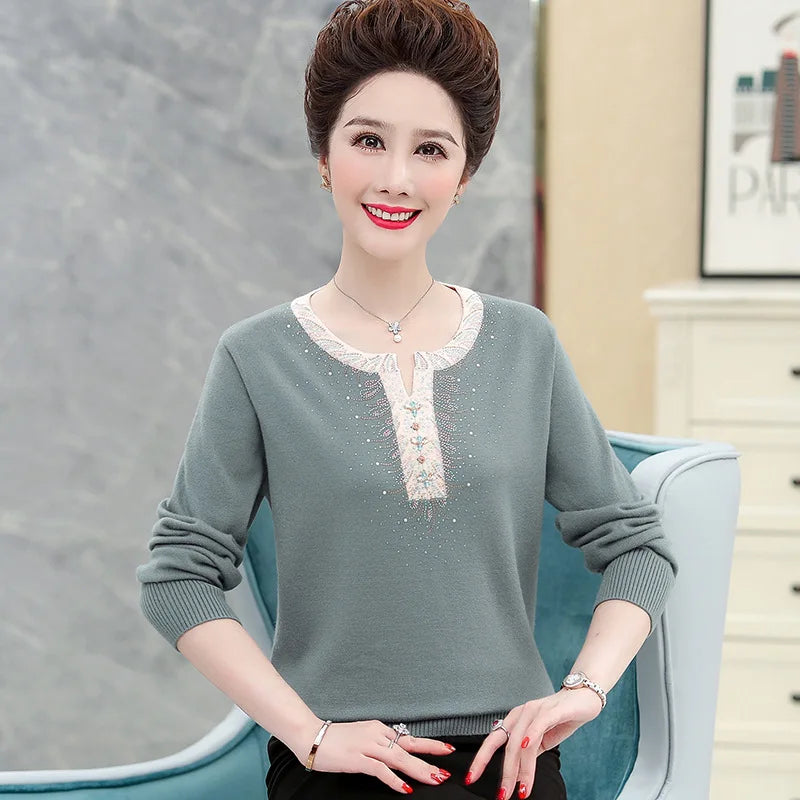 Hot Sweaters & Jumpers New Pullover Knitwear Tops Women Spring Autumn Long Sleeve Middle Aged Mother Clothing Woolen Blouse