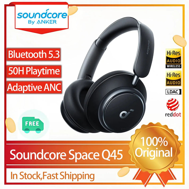 កាសស្តាប់ត្រចៀកឥតខ្សែ Soundcore Original Space Q45 ប៊្លូធូសឥតខ្សែ ANC កាសស្តាប់ត្រចៀក LDAC HiRes ដែលអាចកាត់បន្ថយសំឡេងរំខានបាន 50 ម៉ោង