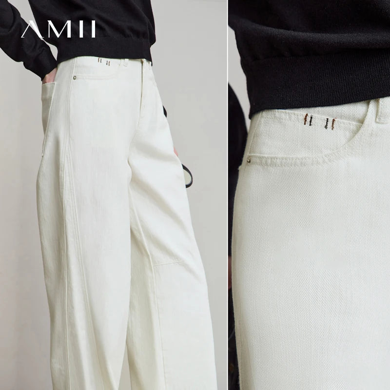 AMII Minimalist 2026 Autumn New Arrival Pants Minimalism Retro Casual Office Lady Pure Cotton Jeans Women Denim Trouser 12543141