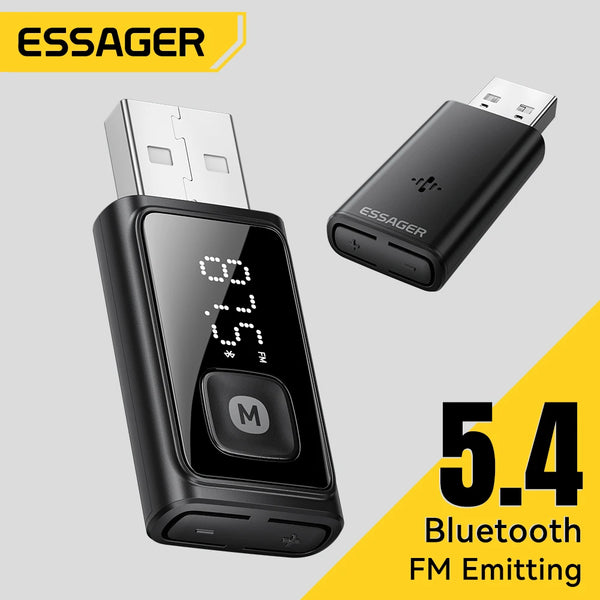ESSAGER ឧបករណ៍ភ្ជាប់ Bluetooth 5.4 សម្រាប់រថយន្ត ឧបករណ៍បញ្ជូន FM ឥតខ្សែ ឧបករណ៍ទទួលសំឡេង និងការហៅទូរសព្ទដោយមិនប្រើដៃ មីក្រូហ្វូនស្តេរ៉េអូស្វ័យប្រវត្តិ គ្រឿងបន្ថែមសម្រាប់រថយន្ត