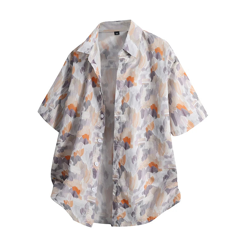 Summer Men's Short-sleeve White Printed Shirt, a Stylish and Casual Cotton Shirts, Available in Blue, Green, and Orange.