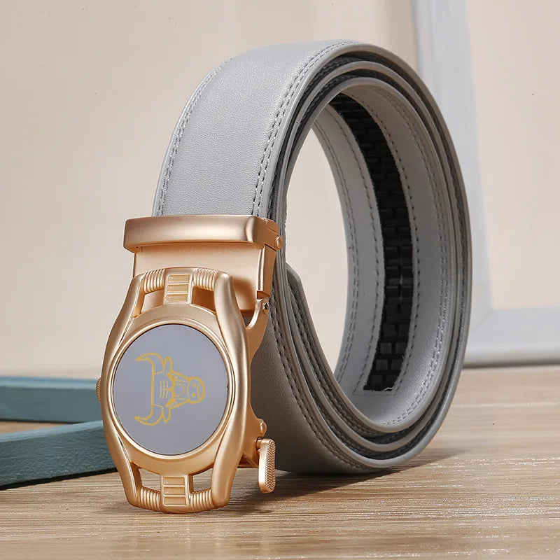 2026 New Width 3.0 Cm Gray Belt Women's Fashion Casual Automatic Buckle Belts Men Cow Head Pattern Cinturon Female Waistband