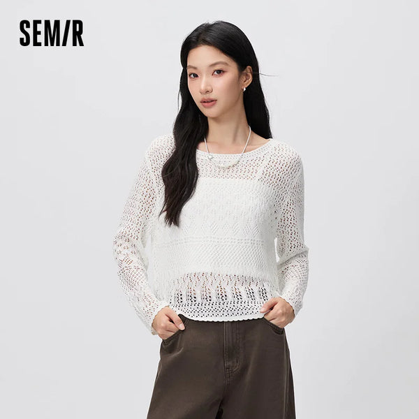អាវយឺត Semir សម្រាប់នារី ខ្លី ពណ៌ស រលុង ប៉ាក់ពីរដុំ ឆើតឆាយ ធម្មតា ស្លៀកពាក់តាមដងផ្លូវ រដូវស្លឹកឈើជ្រុះ ឆ្នាំ២០២៦