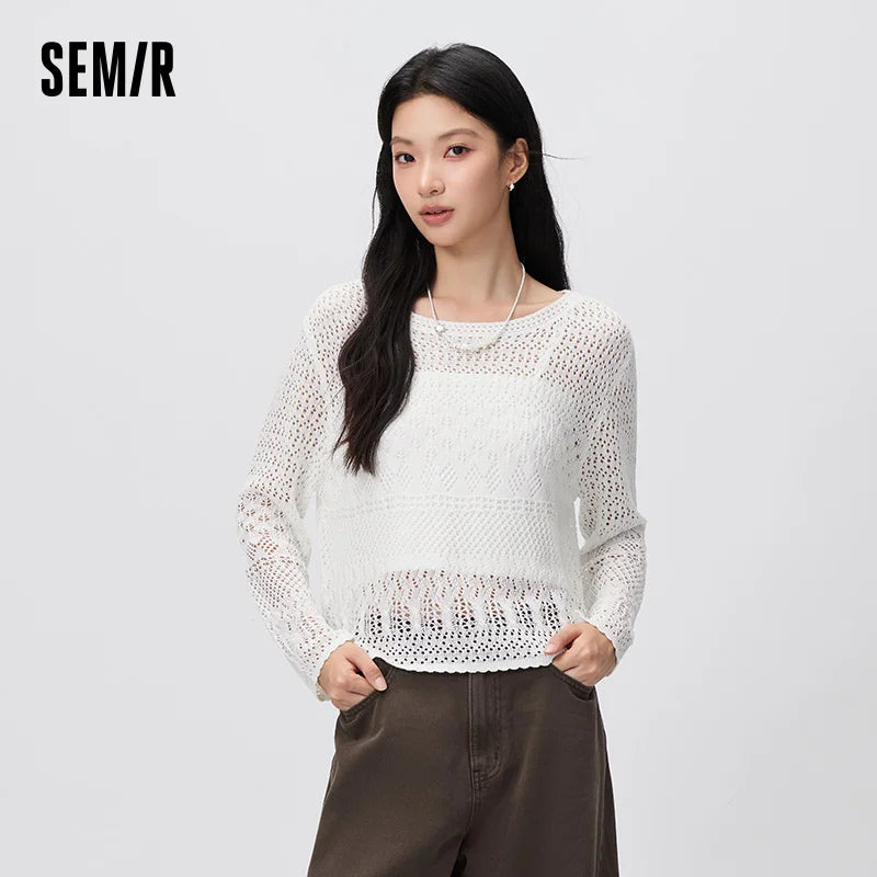 Semir Women Sweater Short Cami Hollow Out White Loose Knit Two Piece Elegant Casual Autumn Top Street Wear 2026