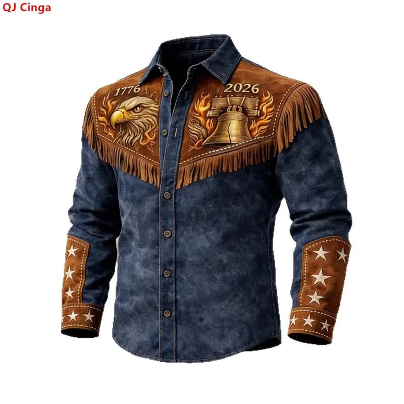 Vintage Men's Blue Long-sleeve Collared Shirt with A Print Commemorating The 250th Anniversary of The United States.