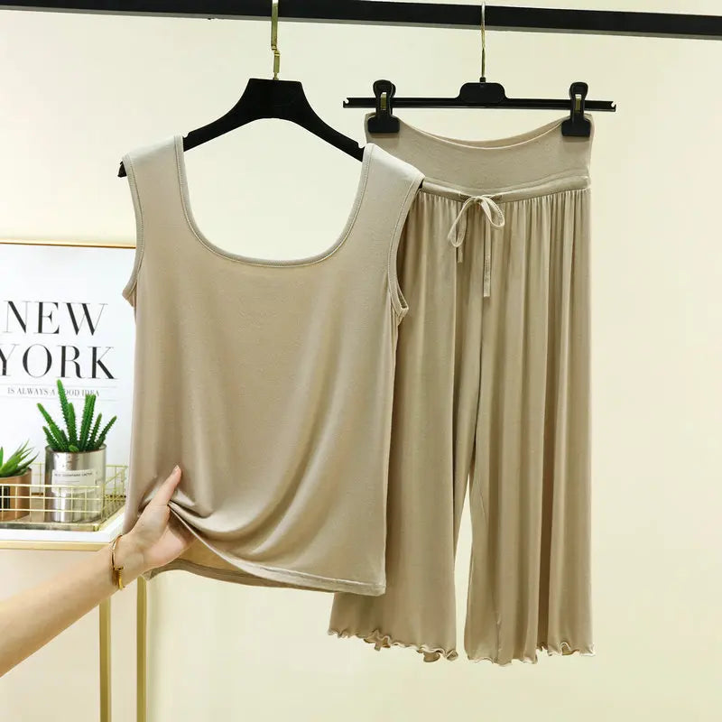 Plus Size Modal Sleepwear Home Clothes Double U-neck Vest Loose Cropped Pants Set Drawstring Lace-up Women's Pajamas M-6XL