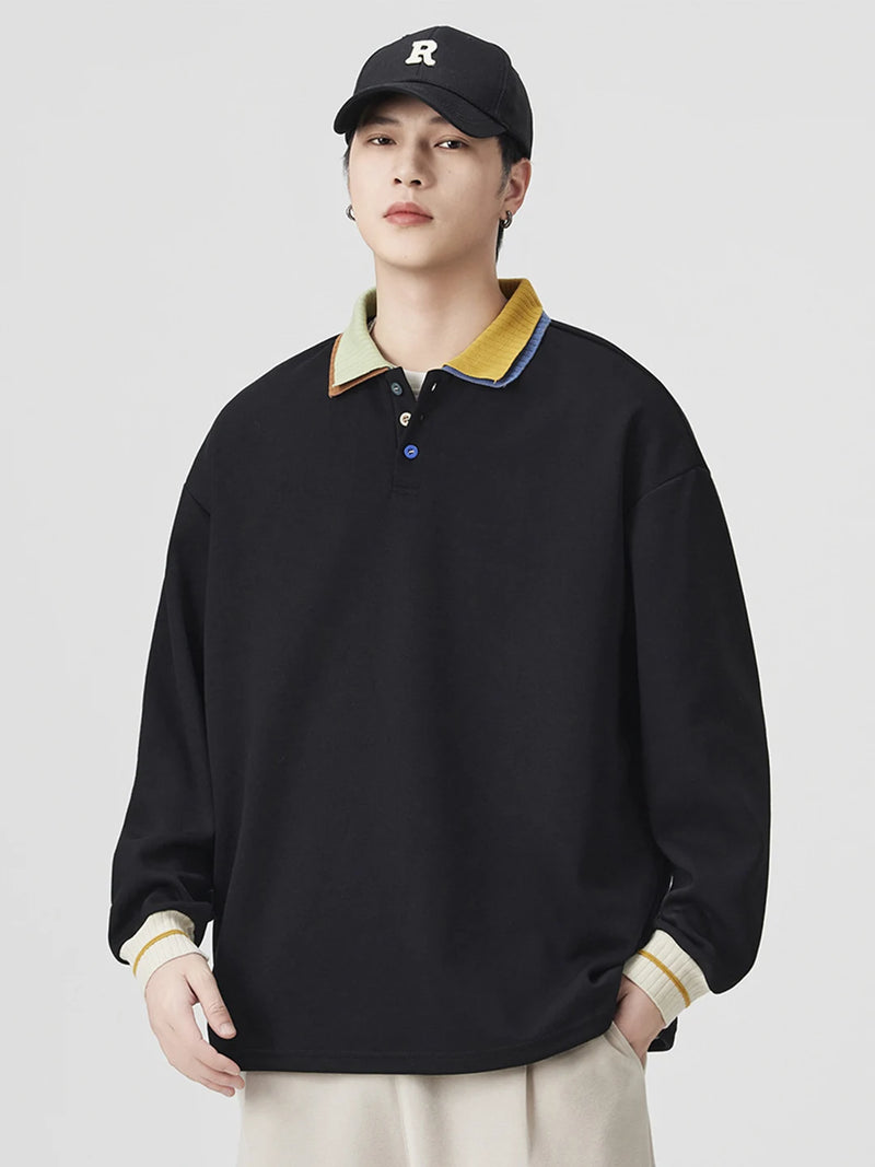 DUKEEN Colorblock Collar Men's Sweatshirts 2025 Spring and Autumn New Fashion Design Relaxed Fit Men's Long Sleeve Polo Pullover