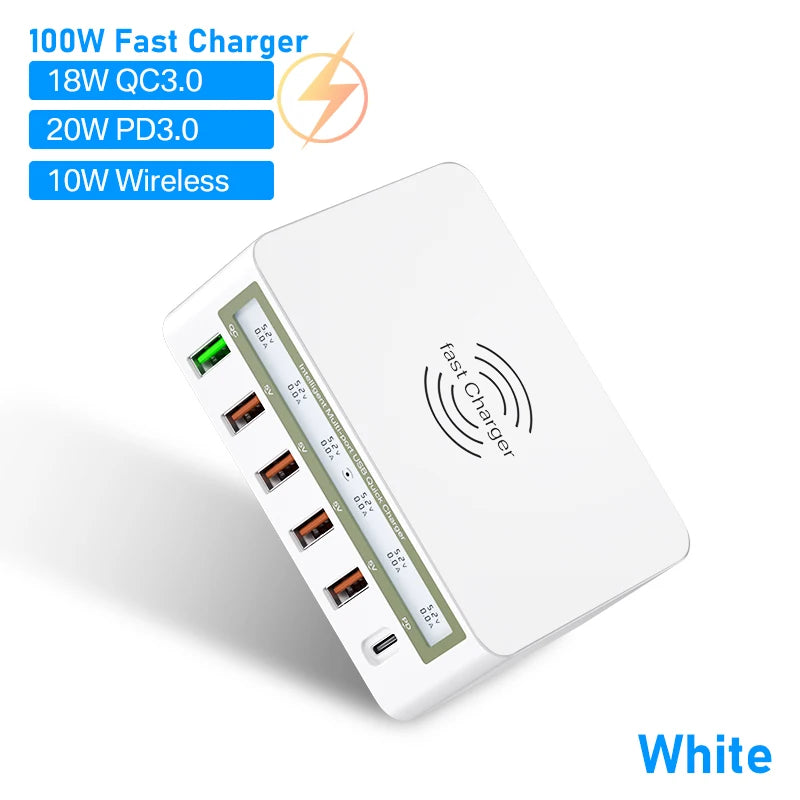 ឆ្នាំងសាក USB 6 រន្ធ សាកលឿន ឆ្នាំងសាកឥតខ្សែ អាដាប់ទ័រឆ្នាំងសាកលឿន USB C PD ឆ្នាំងសាកទូរស័ព្ទ សម្រាប់ iPhone 13 12 11 Samsung Huawei