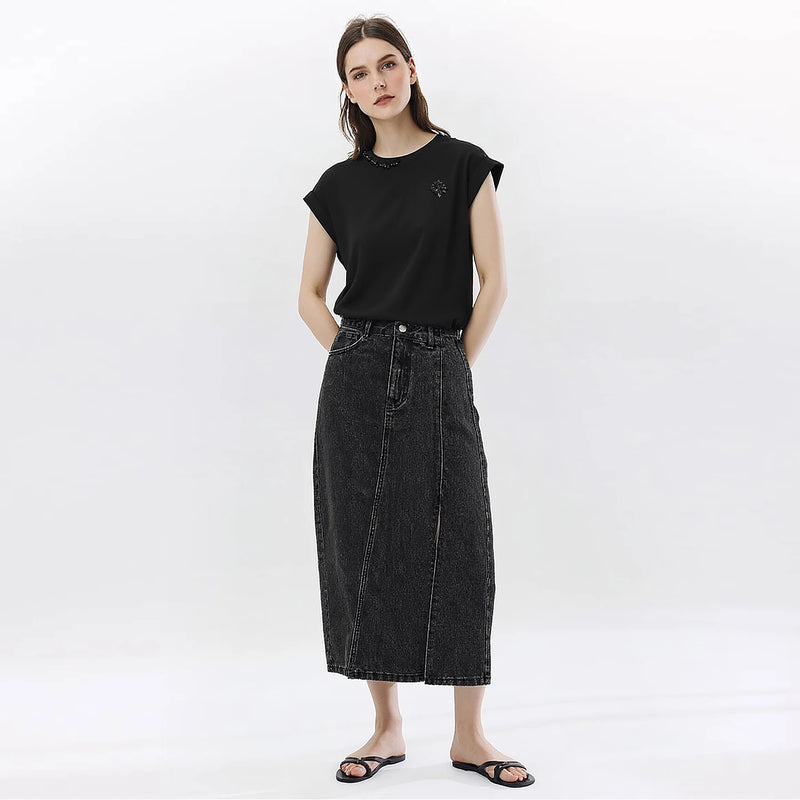 Amii Women's Short Sleeve Tee 2026 Summer New Round Neck Rhinestone Ribbon Stretch Cotton Tee Casual Top For Women 12622034