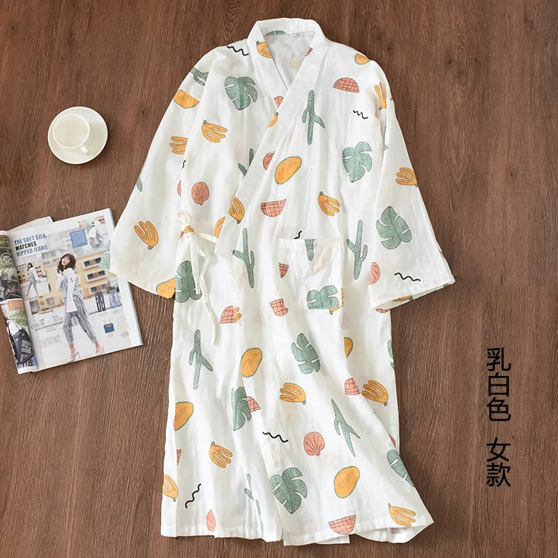 Print Long Sleepwear Loungewear Nightdress Bathrobe Women's Shower Cotton Gauze Nightgown Kimono Cotton Pajamas Cardigan