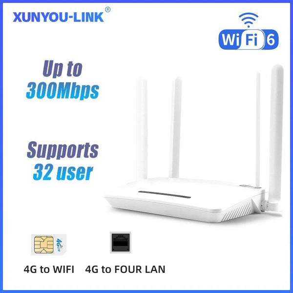 រ៉ោតទ័រវ៉ាយហ្វាយ 4G LTE ម៉ូដឹមចល័ត WiFi 6 ពង្រីកសញ្ញា 300Mbps ជាមួយរន្ធដោតស៊ីមកាតណាណូ ចំណុចប្រទាក់ LAN ចំនួន 4 គាំទ្រការប្រើប្រាស់ឥតខ្សែ 32