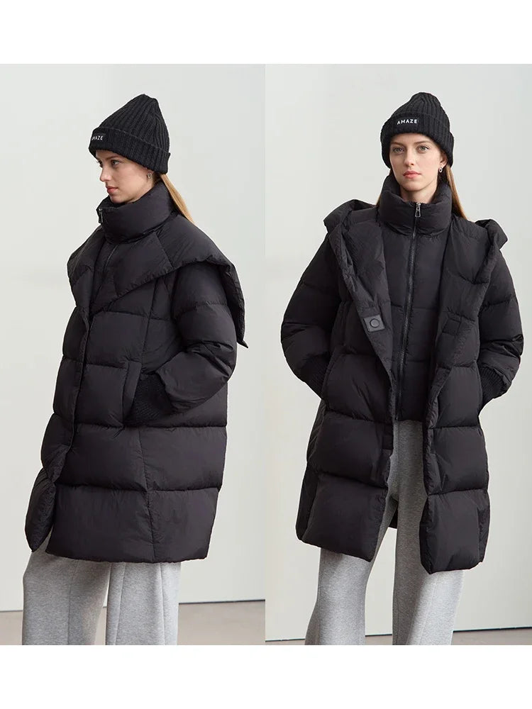 Amii 2026 Winter Warm New Women Down Jacket Cuffs Magnetic Buckle Zipper Hooded Fake Two-piece Thick Loose Long Coats 12444104