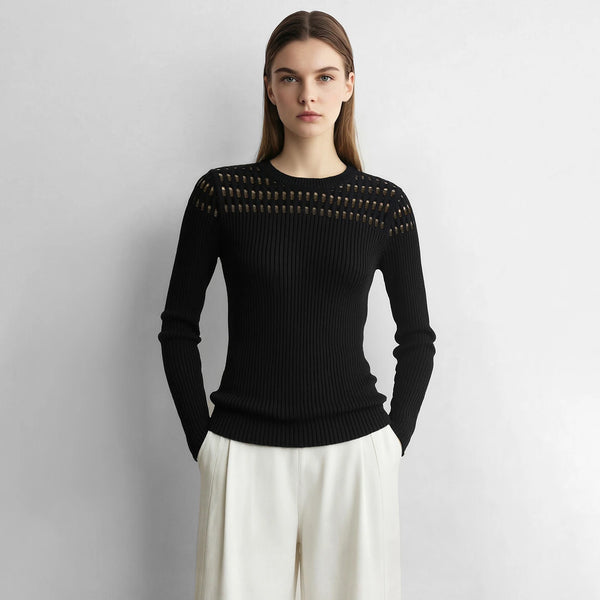 Amii Minimalist Knitted Tops Women Round Neck Hollow Breathable Slim Pullover Knitwear 2026 Autumn New Office Sweater 12623093
