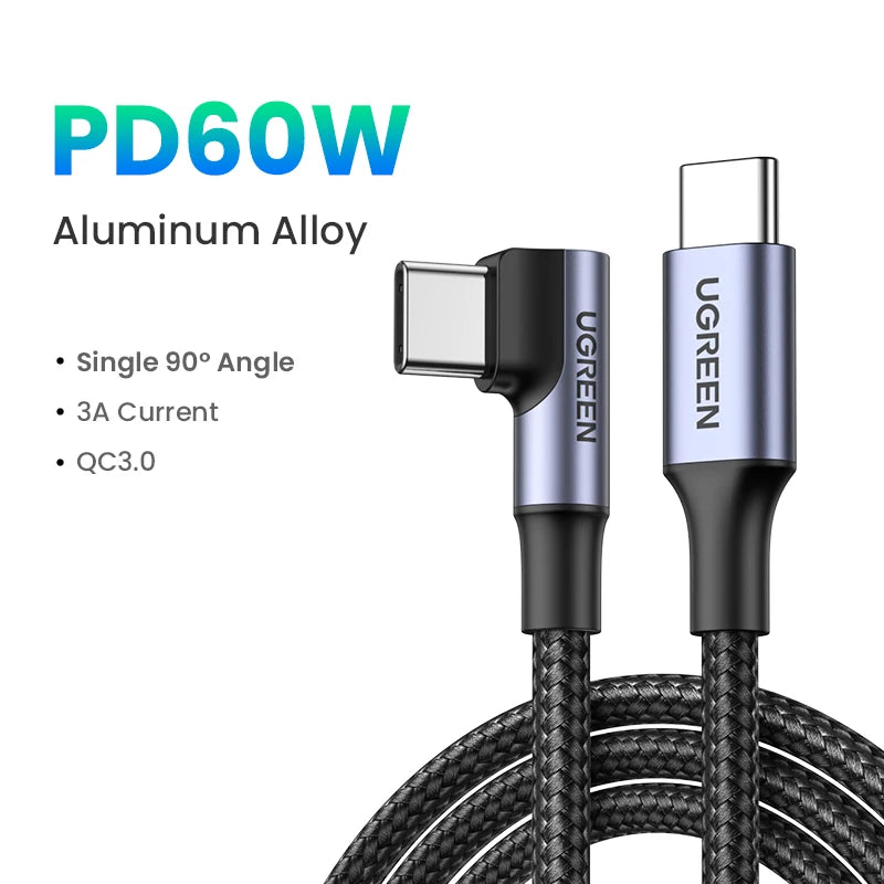 UGREEN 90 Degree Right Angle USB-C Cable PD100W/60W Type-C Gaming Charging Cable 5A/3A for iPhone 17/16 Samsung S26/25/24 0.5-3M