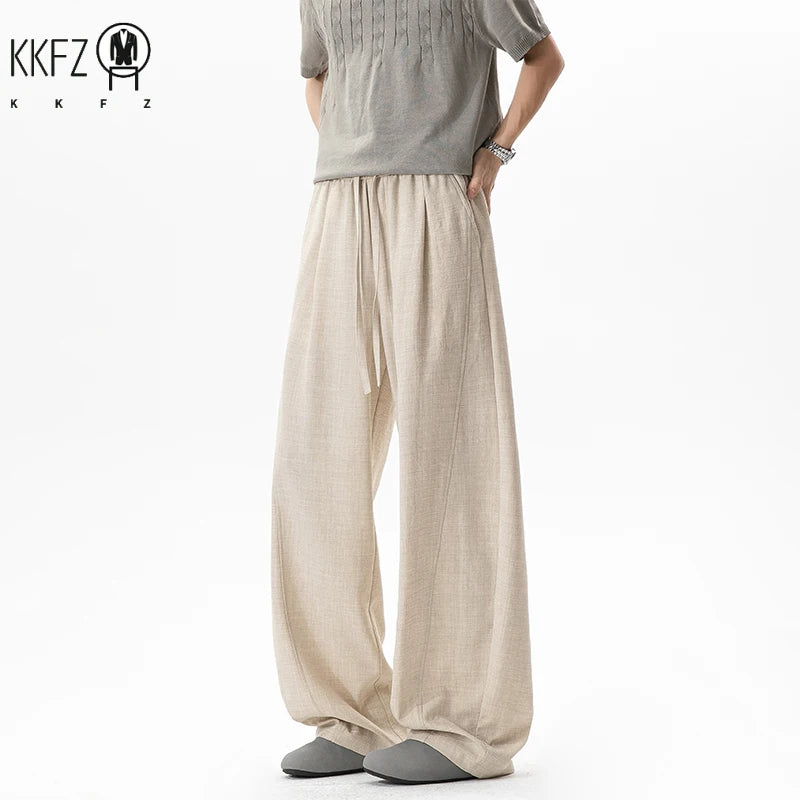 Youth Casual Floor Length Pants For Males Wide Leg Elastic Waist Light Textured Cloth Travel Friendly Long Bottom Wear