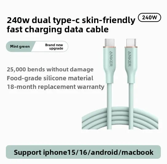 ខ្សែសាកទិន្នន័យ ANKER ក្បាលពីរ Typec 240W PD3.1 ខ្សែសាកលឿន ស៊ីលីកូនទន់ ងាយស្រួលប្រើសម្រាប់កុំព្យូទ័រយួរដៃ iPhone ថេប្លេត