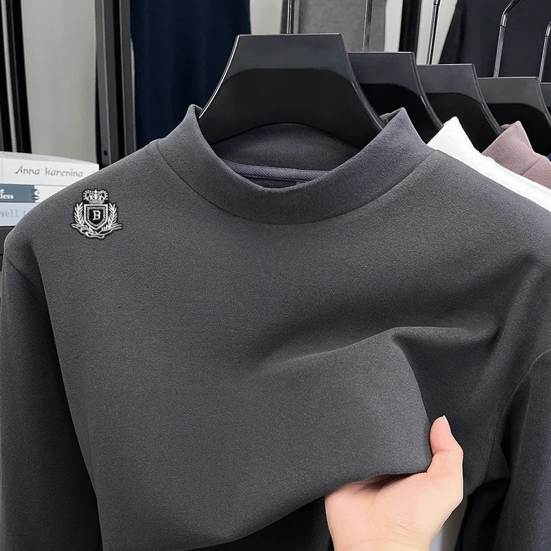 Luxury Man Long-Sleeved T-Shirt Mock Neck Letter Pattern Embroidery Dralon Fabric Autumn Winter New Tops Casual Men's Clothing