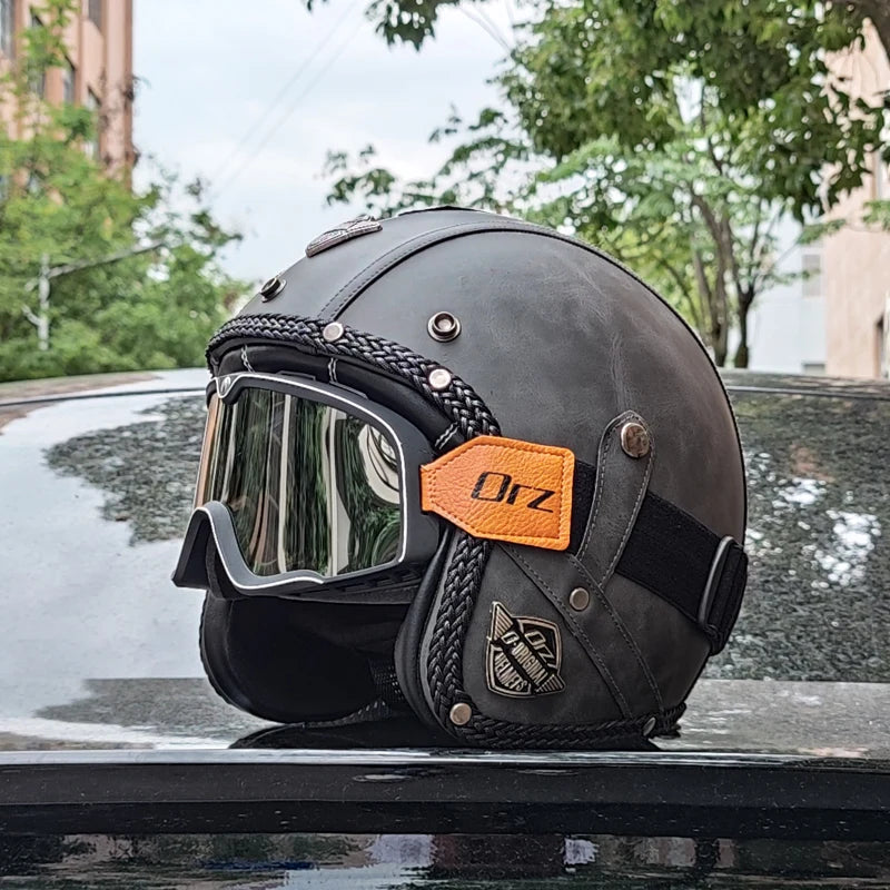 High quality PU leather retro 3/4 motorcycle helmet, suitable for scooters, cruising motorcycles, and half helmets