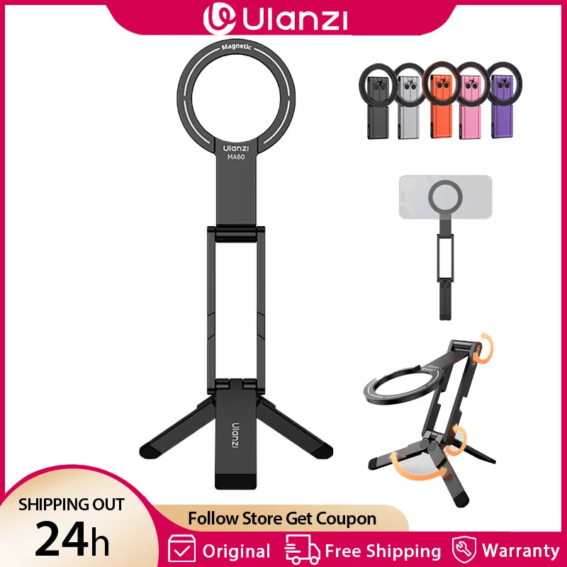 ជើងទម្រទូរស័ព្ទ Ulanzi MA60 អាចបត់បាន Magsafe សម្រាប់ទូរសព្ទ iPhone ជើងទម្រដាក់ទូរសព្ទម៉ាញេទិកសងខាងពីរ ដែលអាចលៃតម្រូវបាន សម្រាប់ការផ្សាយផ្ទាល់ Vlog