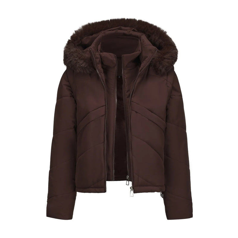 Winter New Women's Faux Two-piece Hooded Thick Coat, Brown Jacket with Detachable Sleeves, Street Style Black Cropped Parkas.