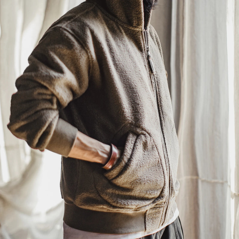 អាវក្រៅ Maden សម្រាប់បុរស ពណ៌ Khaki Fleece Zip Hoodie រដូវរងា ក្រាស់ ក្តៅ និង មានស្រទាប់ Sherpa ខាងក្នុង អាវធម្មតាប្រចាំថ្ងៃ