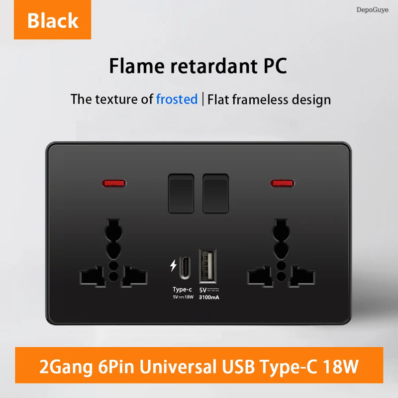 18W Type-C Plug Quick Charging Universal 5-pin Dual Power Socket,UK Standard 13A Wall Socket with DC 5V 3.1A Type-c USB Charger