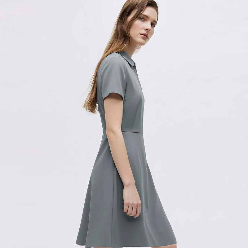 Amii Women's Casual Dresses 2026 Summer New Lapel Zip Half Placket Fitted Waist Office Short Sleeve Midi Dress Women 12642146