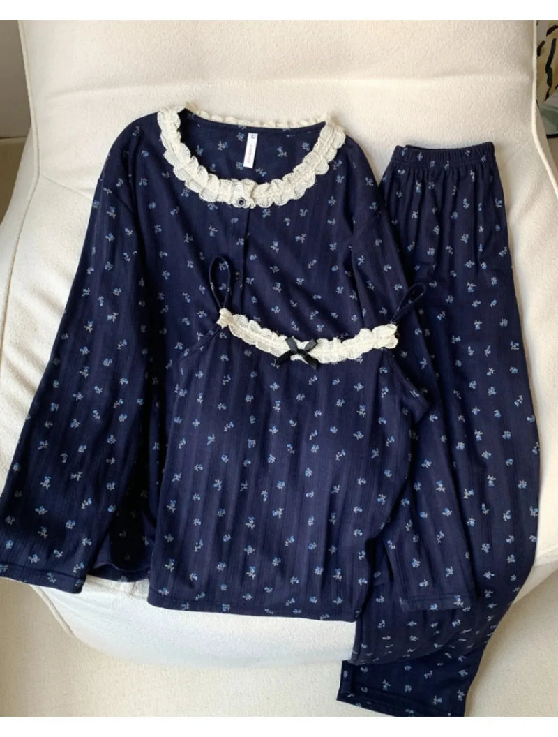 Floral Three-piece Ladies Set Pajama Chest Pads Pijama Spring Autumn Long Sleeve Home Wear Nightwear Woman Pyjamas Sleepwear