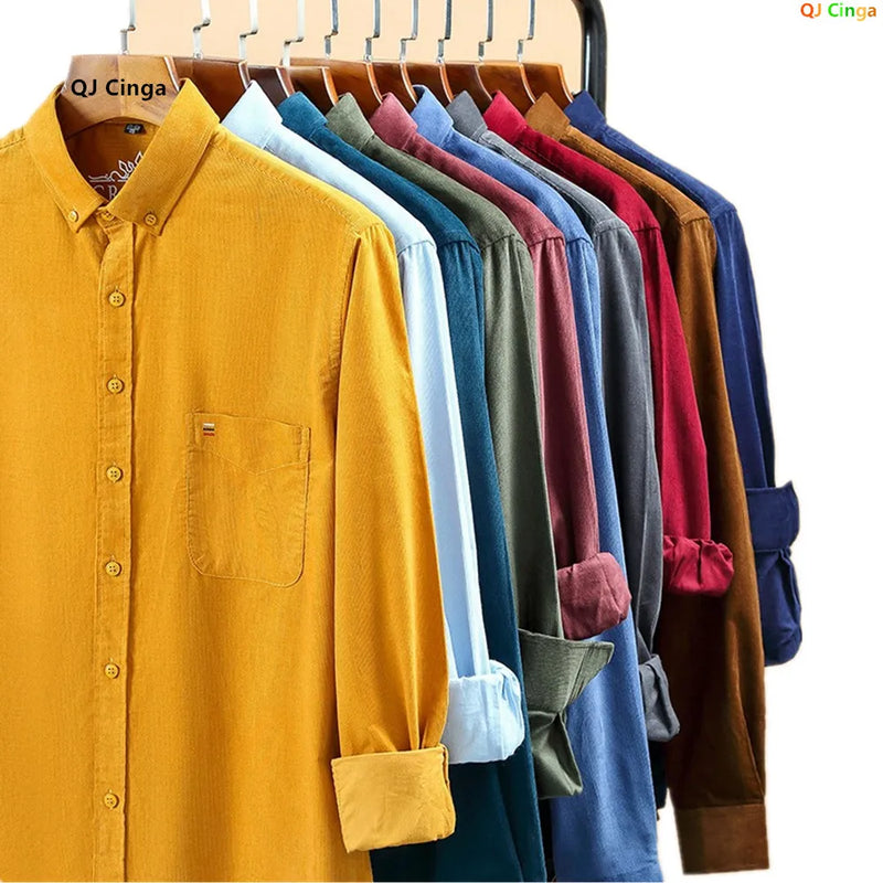 Spring Men's Yellow Long-Sleeve Shirt, Corduroy Collared Shirts, Asian Sizes, Available in Blue, Red, Gray, and Green.