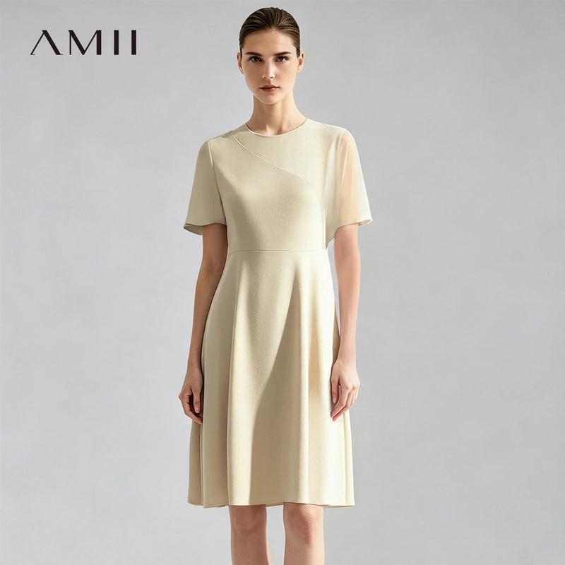 Amii Women's Summer Elegant Dress 2026 New O-Neck Fitted Waist A-Line Flutter Sleeve Office Casual Midi Female Dress 12642196