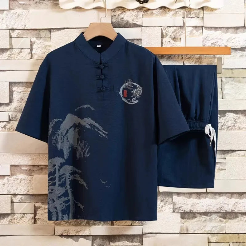 Chinese-style Men's Blue Two-piece Set: A Summer Short-sleeve Pullover Shirt Paired with Knee-length Shorts, Asian Sizes M-4XL.