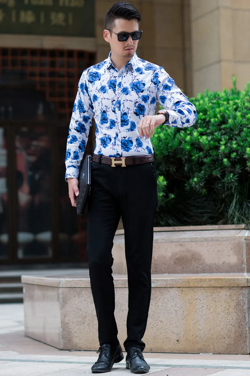 2026 Spring Men's White Long-Sleeve Printed Shirts, Blue Single-Button Collar Stretch Cotton Shirt, Asian Sizes M-5XL, 6XL, 7XL.