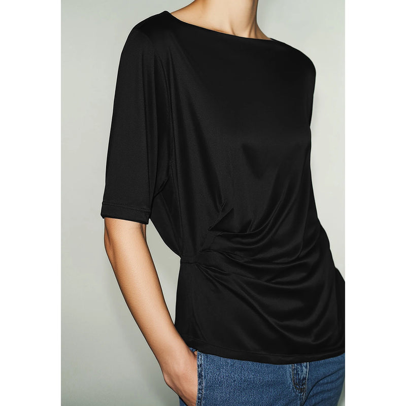 Amii Cowl Neck Women's T-Shirt 2026 Summer New Acetate Pleated Dolman Sleeve Top Solid Color Flowy Casual Tee For Women 12652082