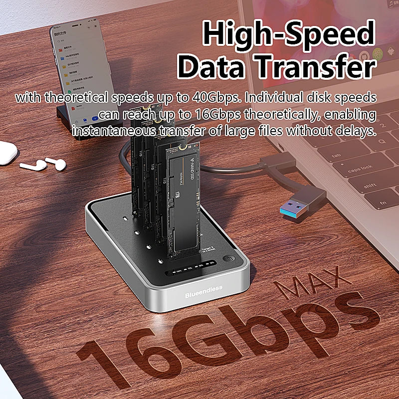 ស្ថានីយ៍ចត SSD M.2 NVME 4 Bay របស់ Blueendless ជាមួយនឹង Offline Clone USB4 40Gbps M2 Nvme PCIE SSD Enclosure External Harddisk Case