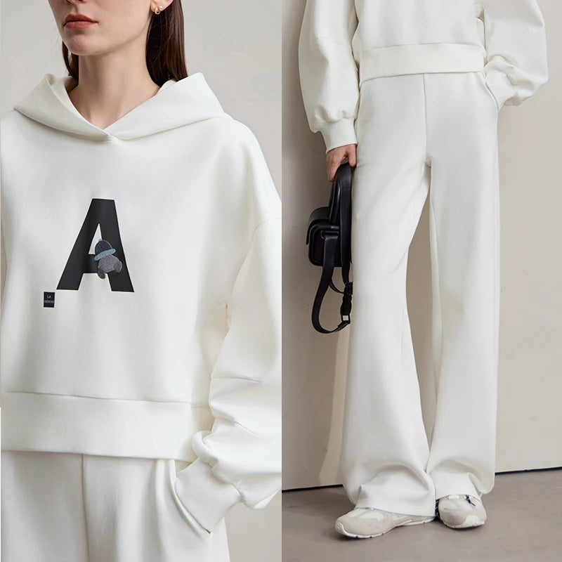 AMII Woman Sweatshirts 2026 Autumn Casual Letter Loose Hooded Sweater Wide-leg Sweatpants Separate Knit Ladies Clothes 12523012