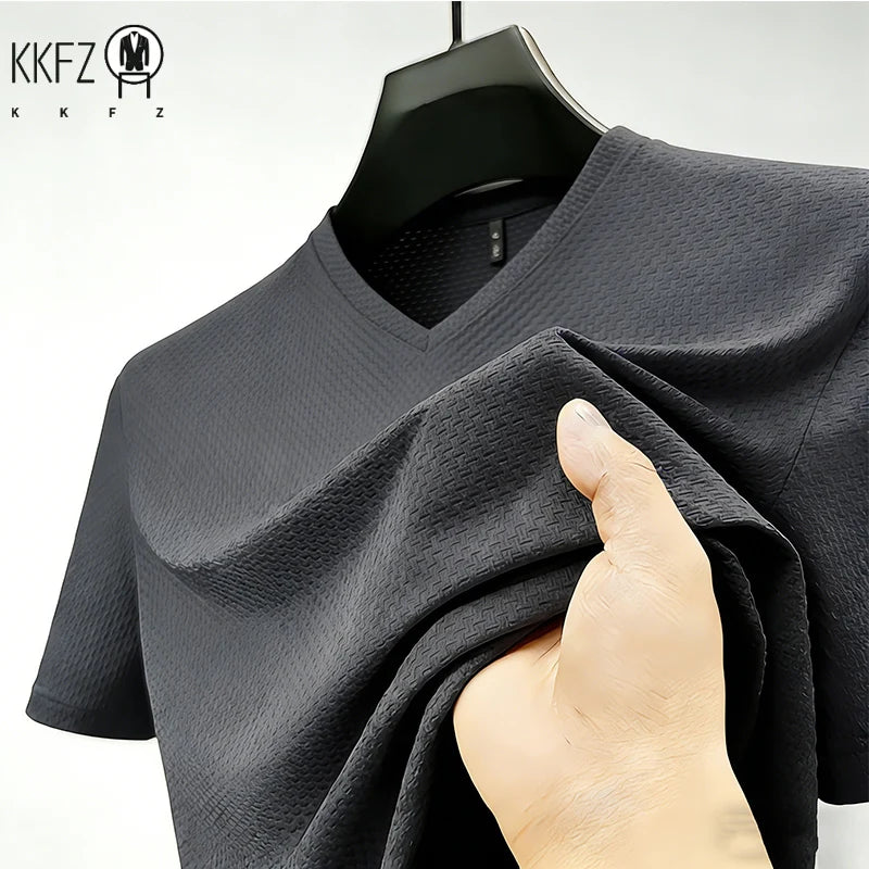 Premium Men's Business Casual V Neck T-Shirt Ice Silk Lightweight Breathable Summer Tops