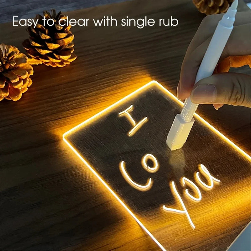 LED Night Light with Pen Acrylic Dry Erase Board Clear Desktop Note Memo Board Painting Message Soft Lights Desk Lamp Gift