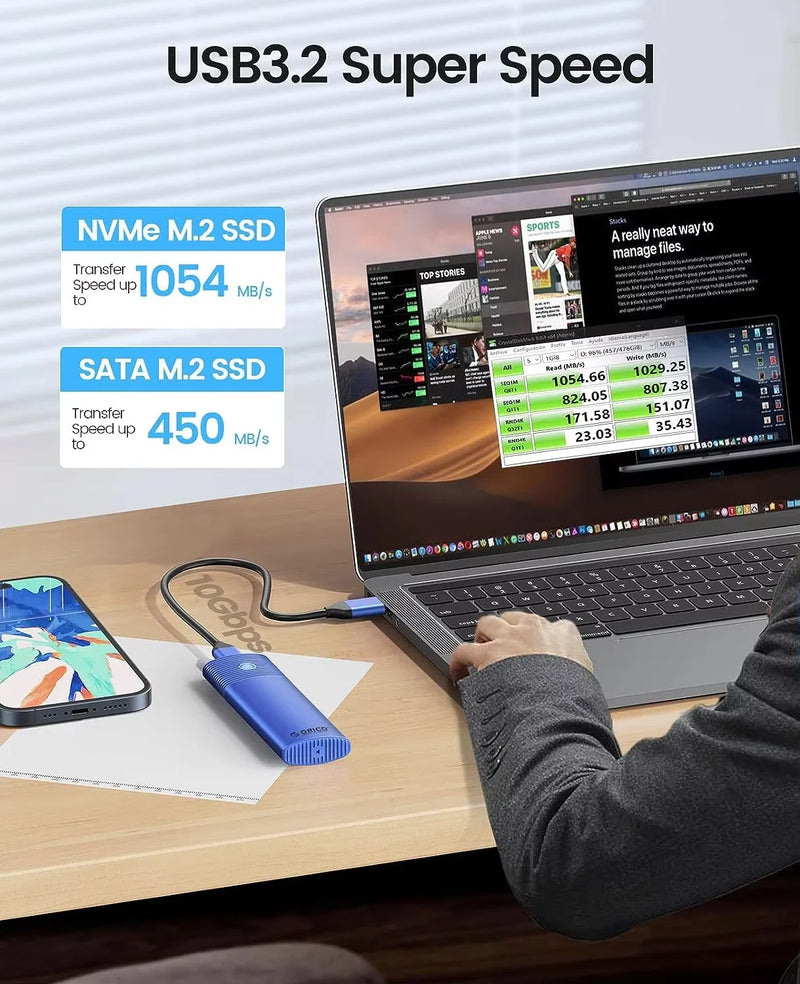 ORICO M.2 NVMe SATA SSD Enclosure Adapter Tool-Free USB C 3.2 Gen 2 10Gbps NVMe 5Gbps NGFF SATA PCIe with Metal Heat Sink