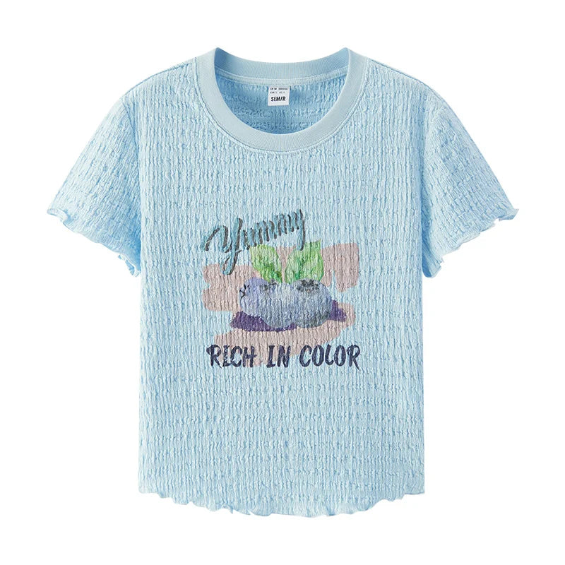 Semir Women Fruit Print T-Shirt Ruffle Hem Textured Slim Fit 2025 Summer Soft Aesthetic